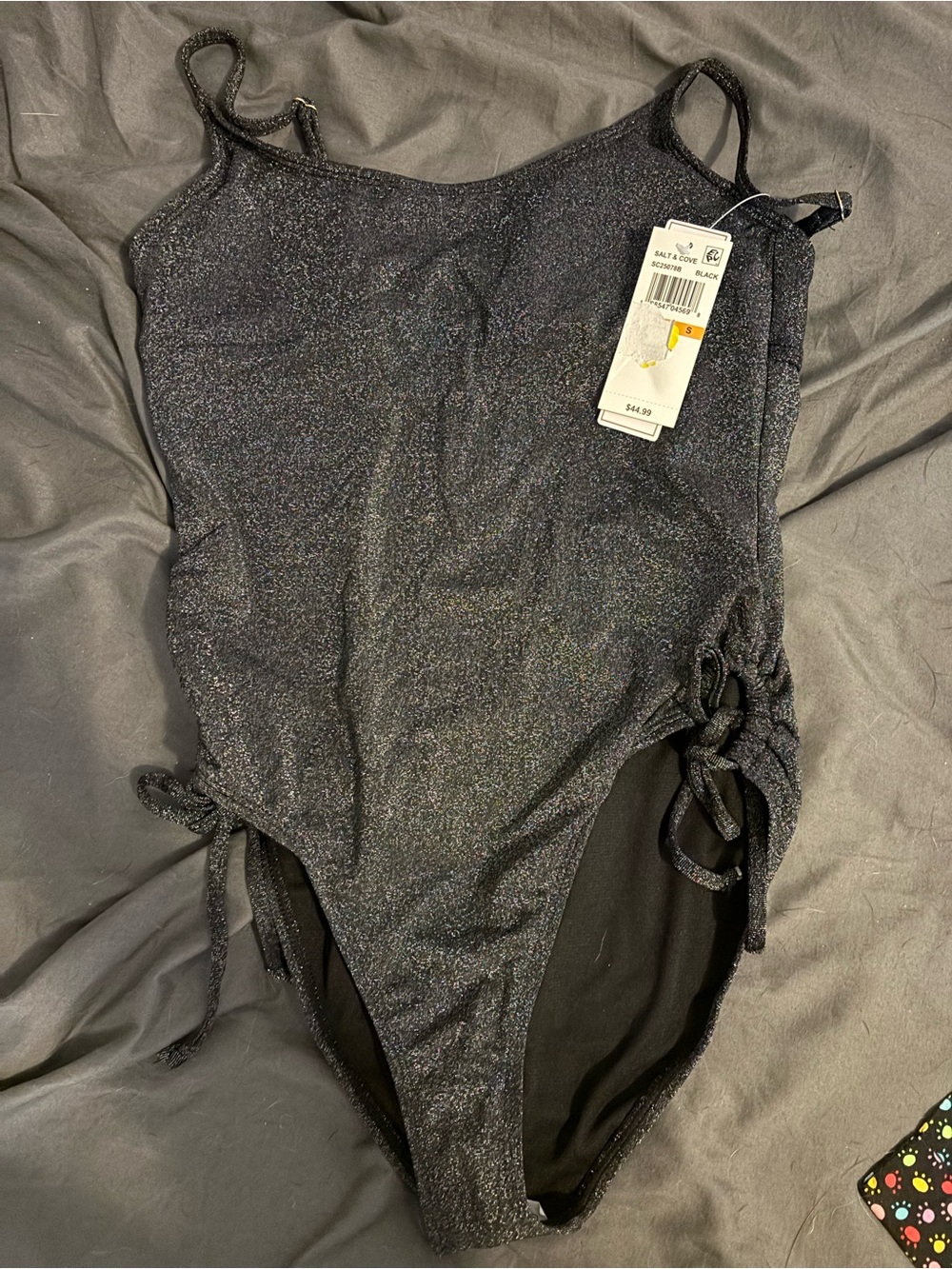 Womans Shimmery Black One-Piece Swimsuit with Side Ties